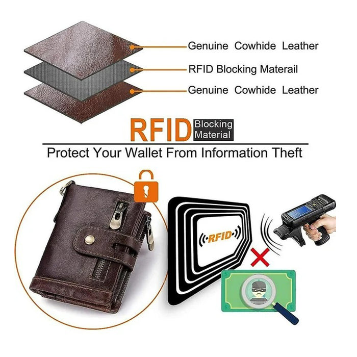 Men's Genuine Leather Wallet RFID Blocking Retro Bifold Zipper Card Holder with Key Chain