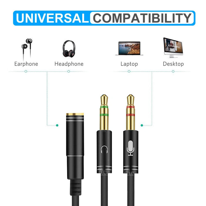 3.5mm Stereo Audio 2 Male to Female AUX Headphone Mic Y Splitter Cable Adapter