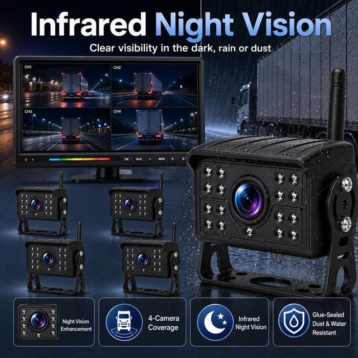 15.88'' 4CH CarPlay Wireless Truck Monitoring System Wi-Fi BSD Alert Night Vision Cameras