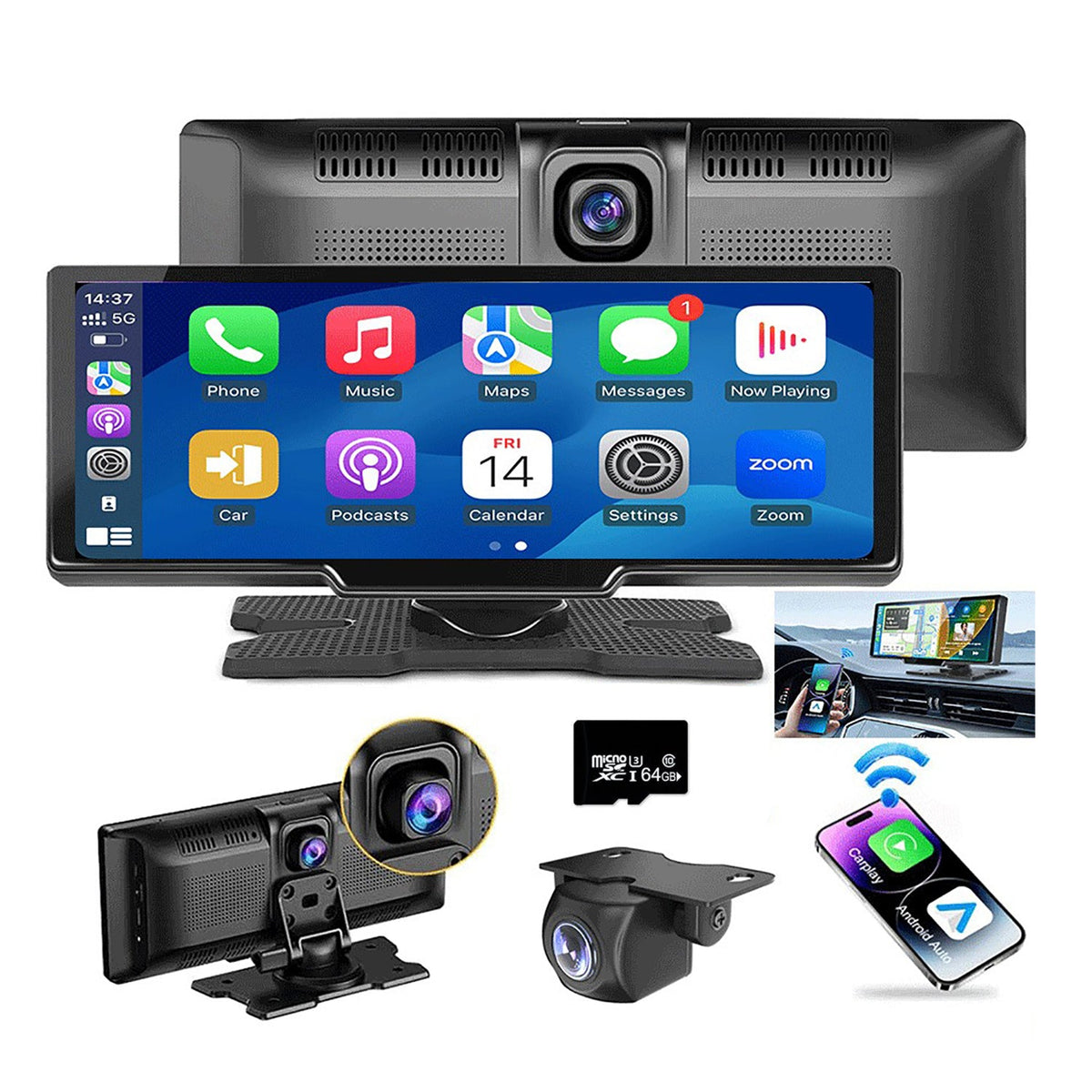 10.26" Wireless Apple Android CarPlay Dual Dash Cam Front Rear Camera with 64G Card