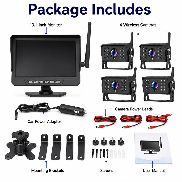 10.1" Wireless DVR Monitor 4 IR Cameras BSD Alert Rear View Truck RV Kit