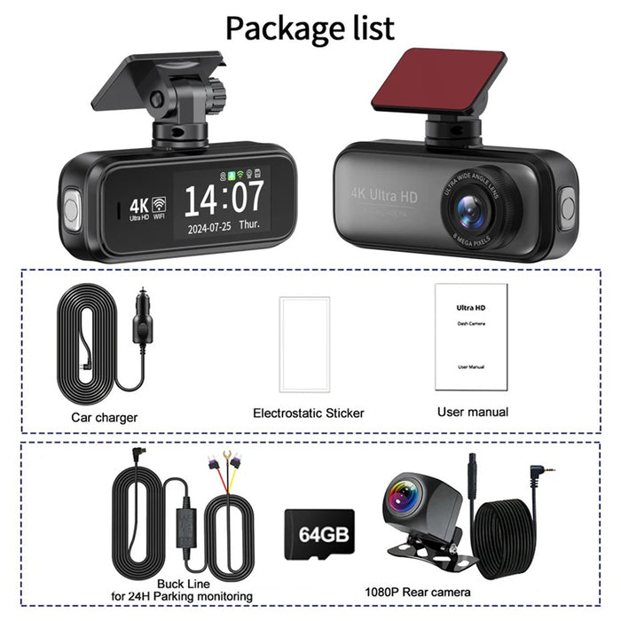 4K WiFi Front and Rear Dual Dash Camera with GPS Hardwire Kit  64GB Card