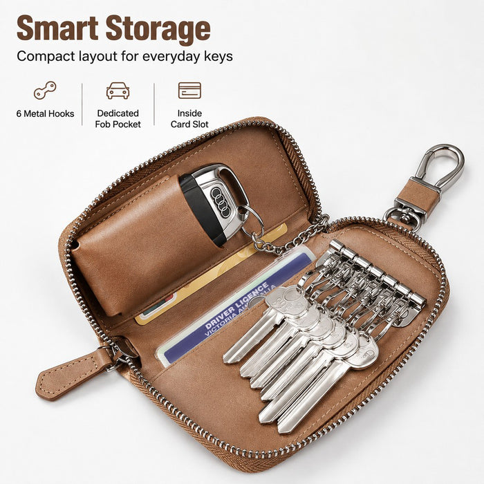 Leather-Look Car Key Organiser Pouch with Zip & Clip – 3 Colours Key Bag