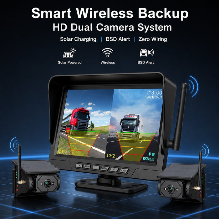7" Wireless Solar Backup Camera System with 2 Magnetic Cameras for RV Trucks