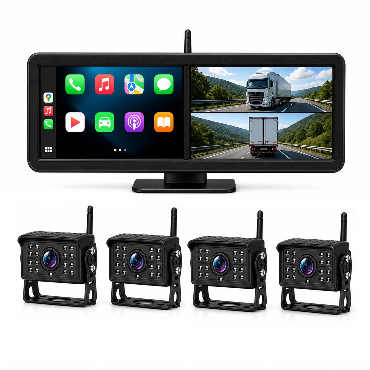 15.88'' 4CH CarPlay Wireless Truck Monitoring System WiFi BSD Alert Night Vision Cameras