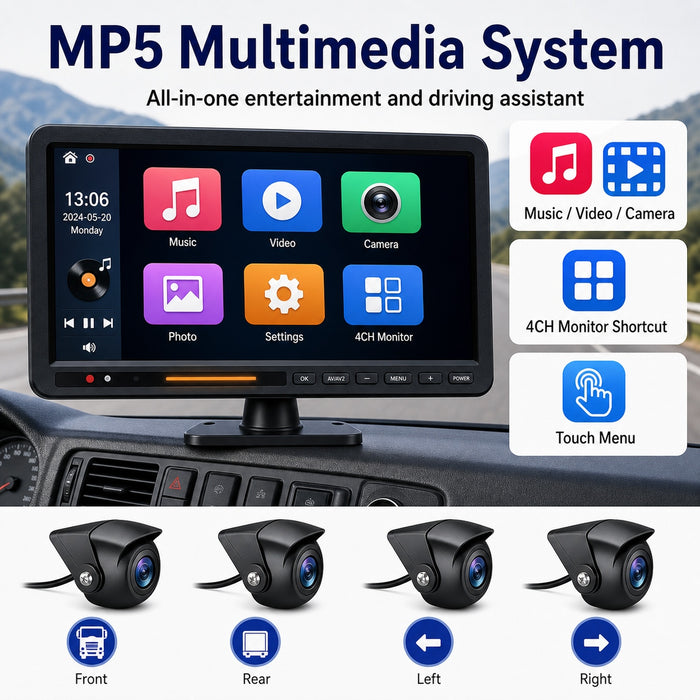 4CH BSD Truck Monitor System MP5 10.1" IPS Touchscreen IP69 Sound-Light Alarm