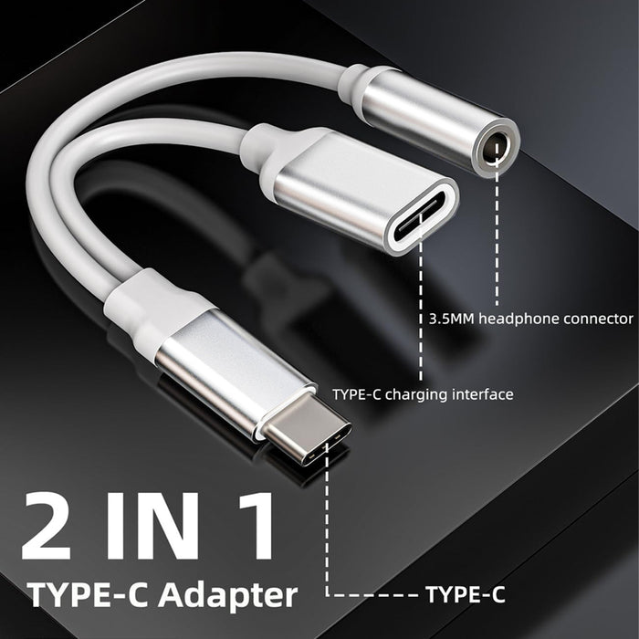 2 In 1 USB Type C to 3.5mm Headphone Connector Adapter Earphone Audio Jack Aux