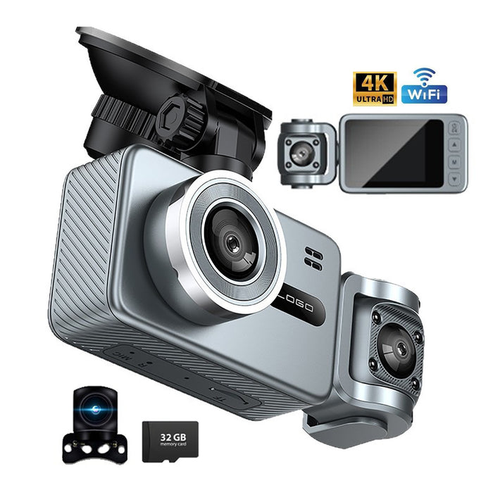4K Triple Lens Dash Cam WiFi Car DVR Front Cabin Rear Camera with 32GB Card