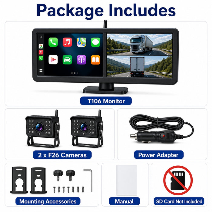 15.88'' Dual Screen Wireless CarPlay Wi-Fi RV Camera System 2CH BSD Infrared Cameras