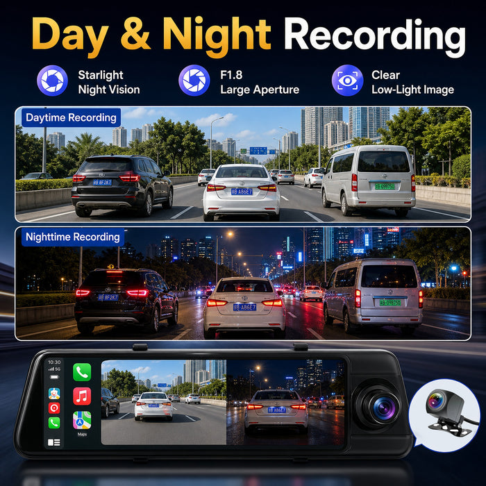 4K Streaming Mirror WiFi Dash Cam with Wireless CarPlay and Android Auto