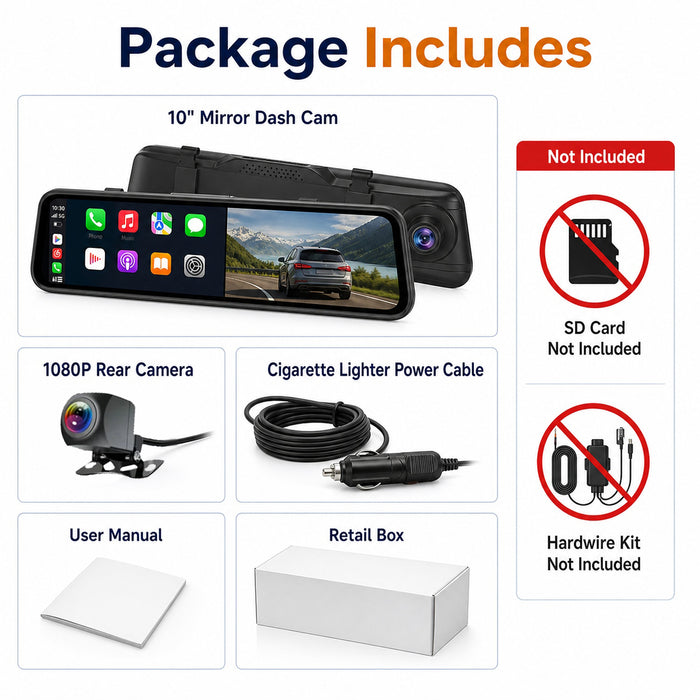 4K Streaming Mirror WiFi Dash Cam with Wireless CarPlay and Android Auto