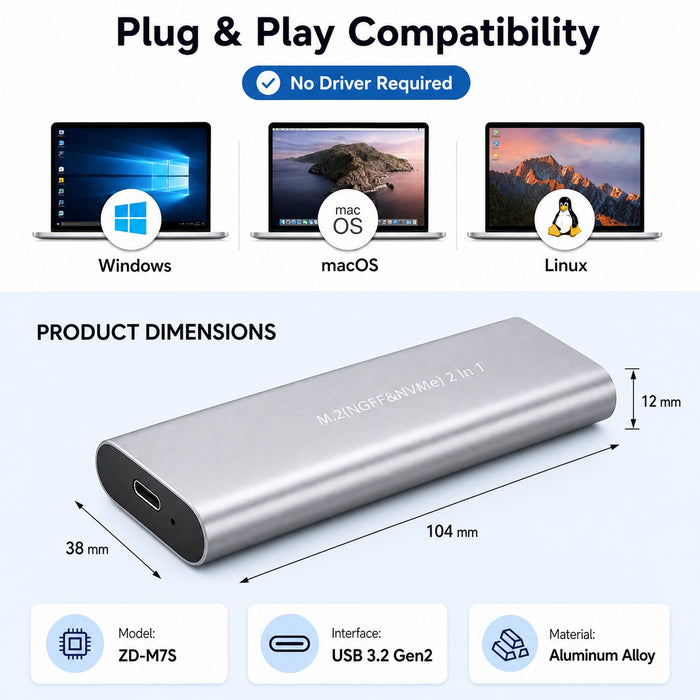 M.2 NVMe SATA SSD Enclosure USB 3.2 Gen2 10Gbps Aluminum M.2 SSD Case