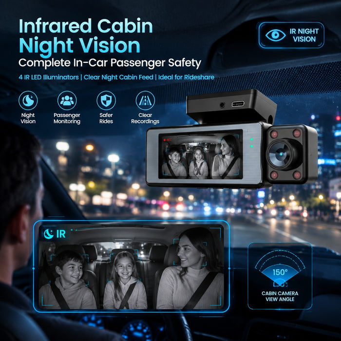4K 3-Channel WiFi GPS Dash Cam – Front, Cabin & Rear Recording