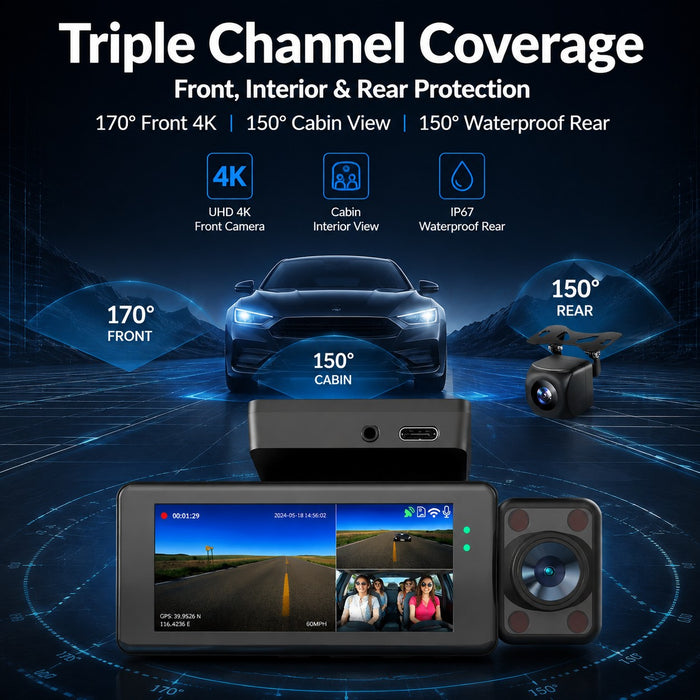 4K 3-Channel WiFi GPS Dash Cam – Front, Cabin & Rear Recording