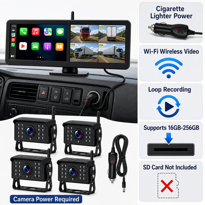 15.88'' 4CH CarPlay Wireless Truck Monitoring System Wi-Fi BSD Alert Night Vision Cameras