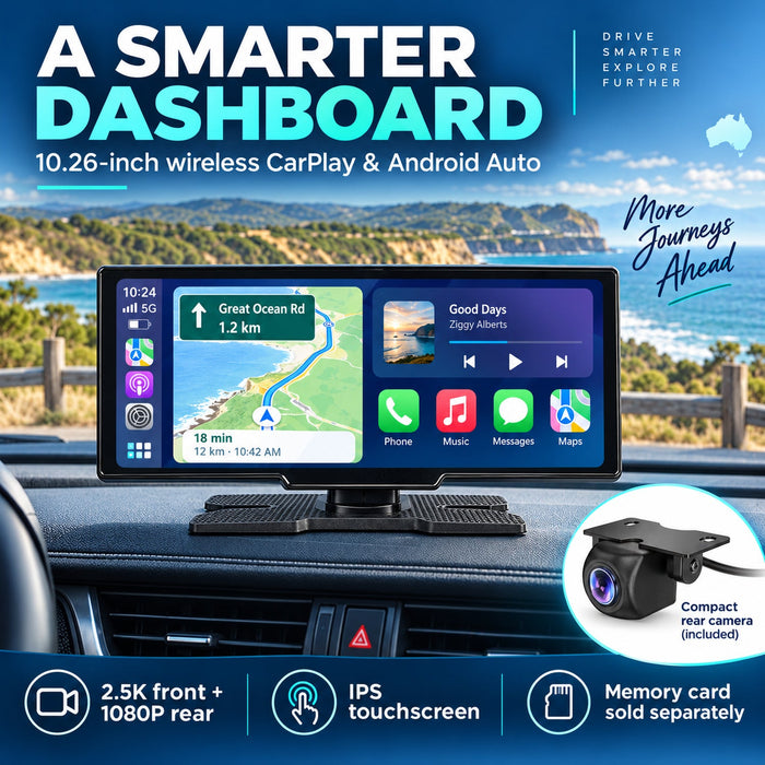 10.26" Wireless CarPlay Android Auto 2.5K Front & 1080P Rear Dash Cam
