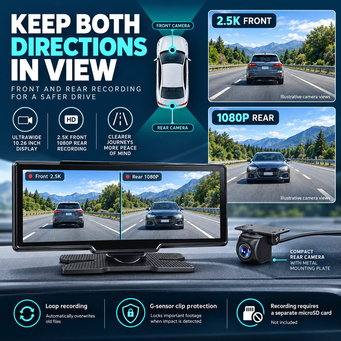 10.26" Wireless CarPlay Android Auto 2.5K Front & 1080P Rear Dash Cam