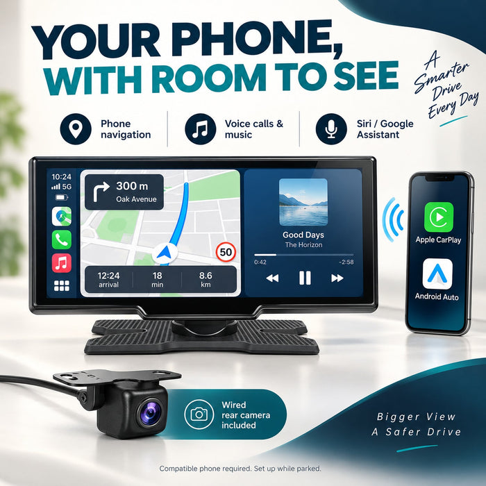 10.26" Wireless CarPlay Android Auto 2.5K Front & 1080P Rear Dash Cam