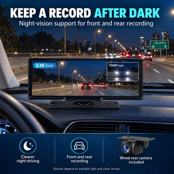 10.26" Wireless CarPlay Android Auto 2.5K Front & 1080P Rear Dash Cam