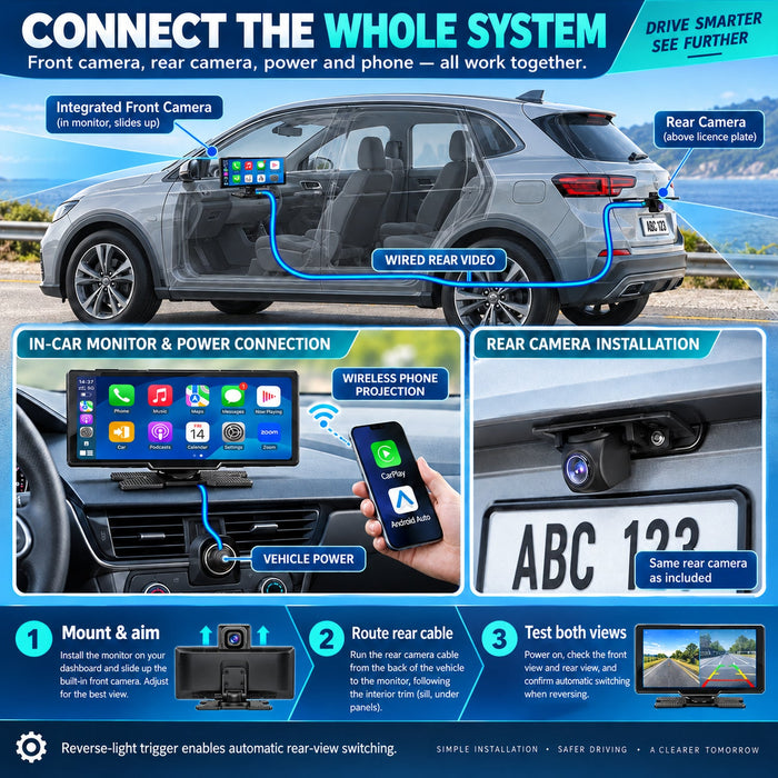 10.26" Wireless CarPlay Android Auto 2.5K Front & 1080P Rear Dash Cam
