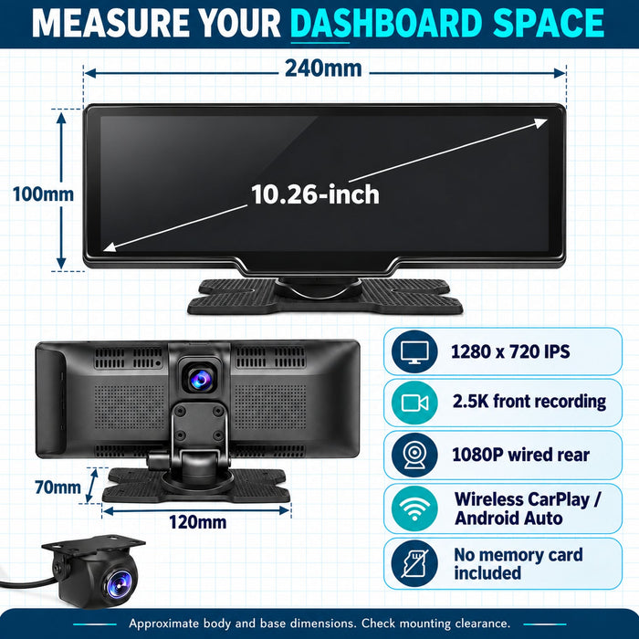 10.26" Wireless CarPlay Android Auto 2.5K Front & 1080P Rear Dash Cam