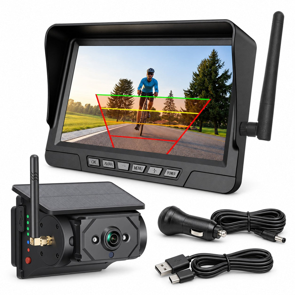 7" Wireless Solar Backup Camera System with BSD & F25 Magnetic Camera for RV Trucks