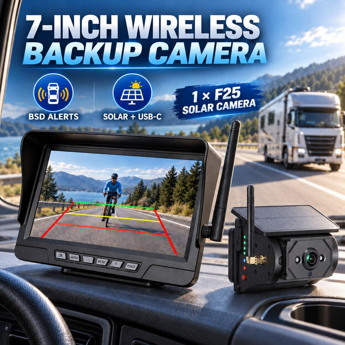 7" Wireless Solar Backup Camera System with BSD & F25 Magnetic Camera for RV Trucks