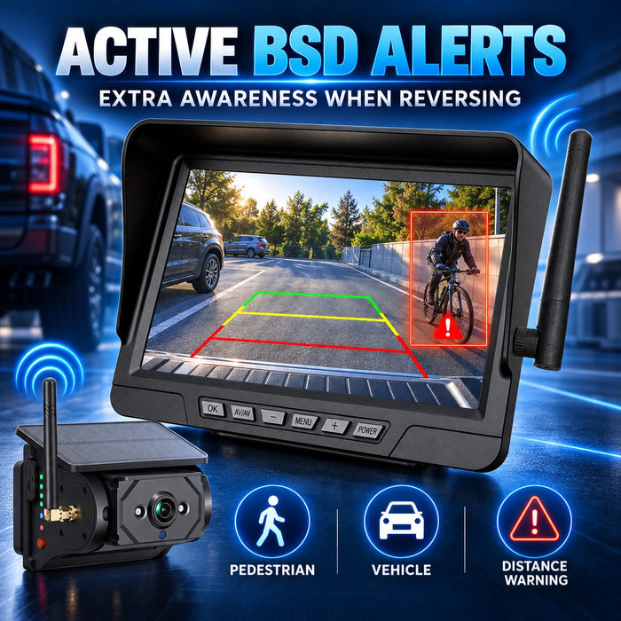 7" Wireless Solar Backup Camera System with BSD & F25 Magnetic Camera for RV Trucks