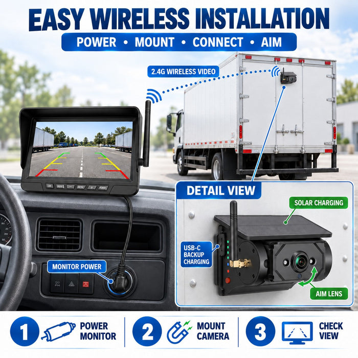 7" Wireless Solar Backup Camera System with BSD & F25 Magnetic Camera for RV Trucks