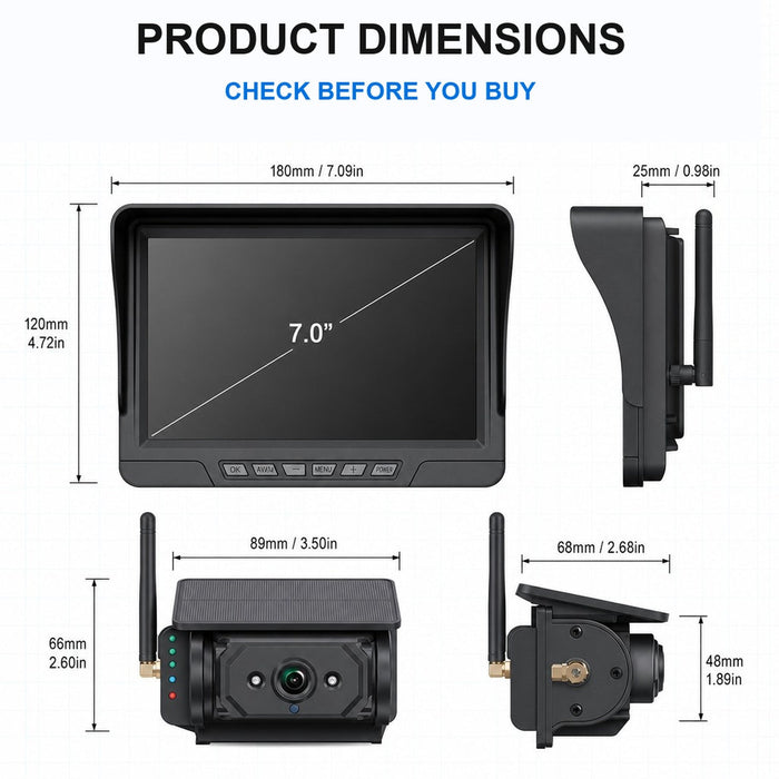 7" Wireless Solar Backup Camera System with BSD & F25 Magnetic Camera for RV Trucks