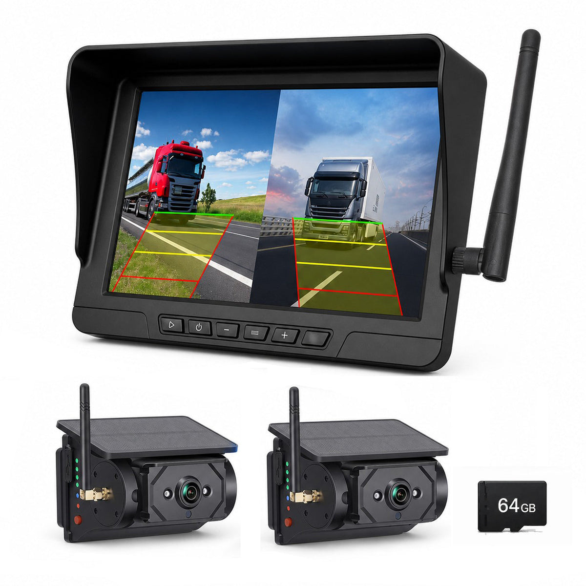 10.1" Dual-View BSD Wireless Solar Backup Camera System with 2 Magnetic Cameras & 64GB Card