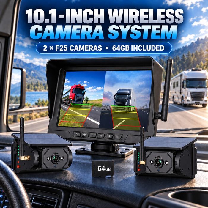 10.1" Dual-View BSD Wireless Solar Backup Camera System with 2 Magnetic Cameras & 64GB Card