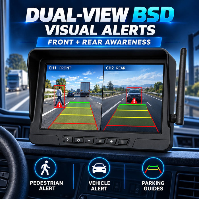 10.1" Dual-View BSD Wireless Solar Backup Camera System with 2 Magnetic Cameras & 64GB Card