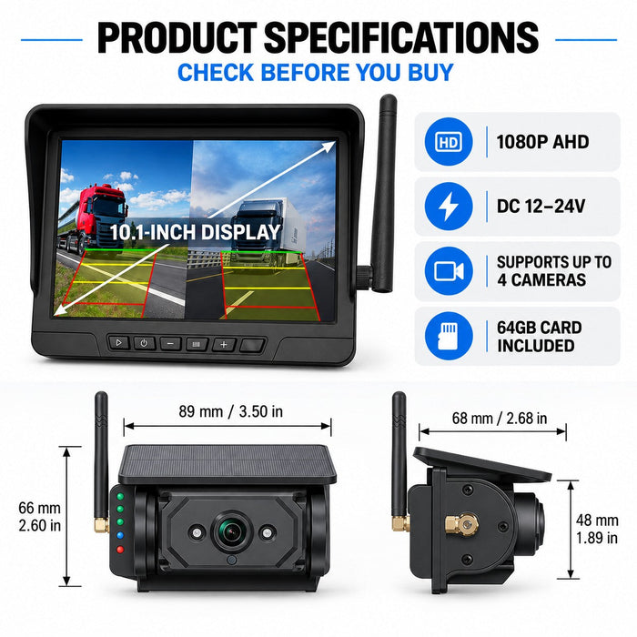 10.1" Dual-View BSD Wireless Solar Backup Camera System with 2 Magnetic Cameras & 64GB Card