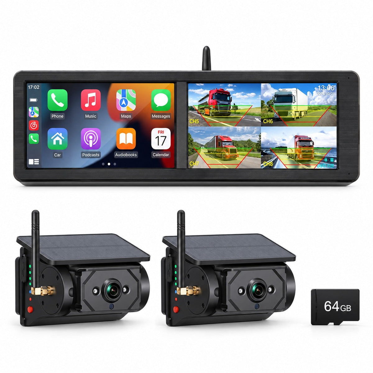 15.88" Dual-Screen Wireless CarPlay BSD Camera System with 2 Solar Magnetic Cameras & 64GB Card