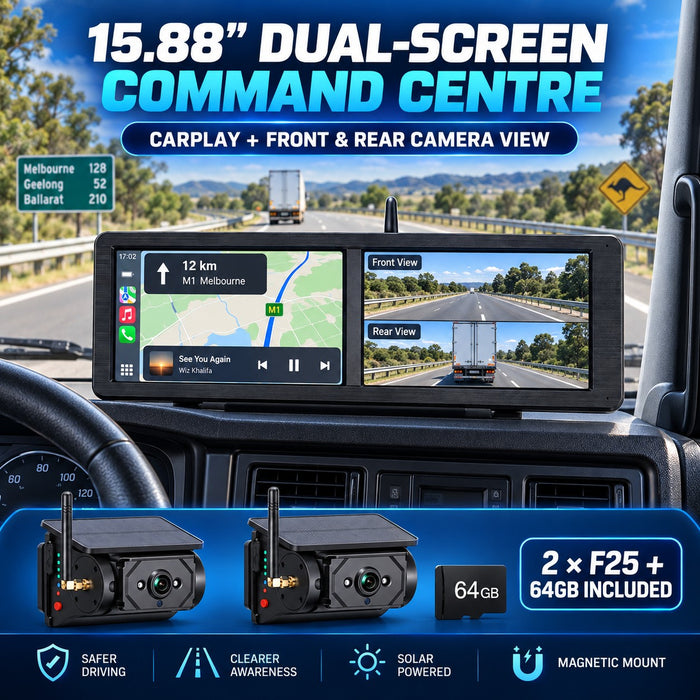 15.88" Dual-Screen Wireless CarPlay BSD Camera System with 2 Solar Magnetic Cameras & 64GB Card