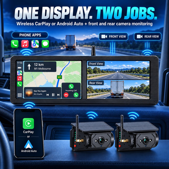 15.88" Dual-Screen Wireless CarPlay BSD Camera System with 2 Solar Magnetic Cameras & 64GB Card