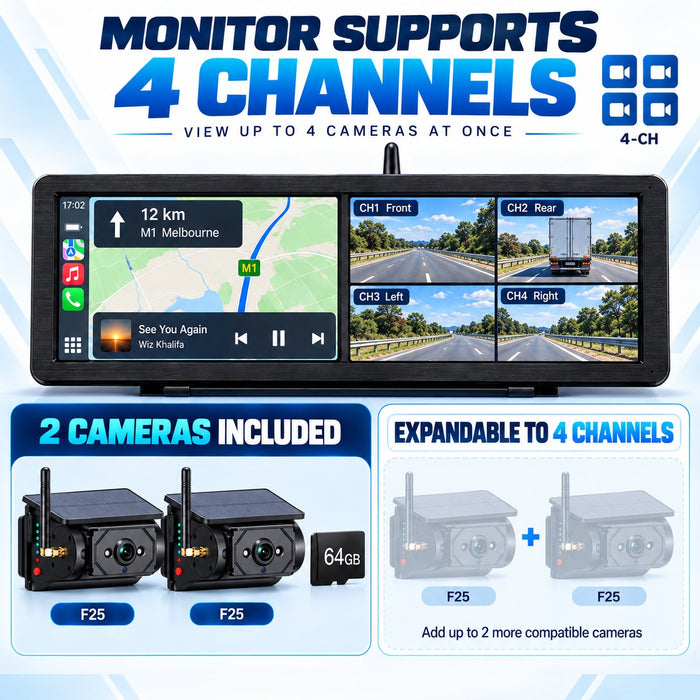 15.88" Dual-Screen Wireless CarPlay BSD Camera System with 2 Solar Magnetic Cameras & 64GB Card