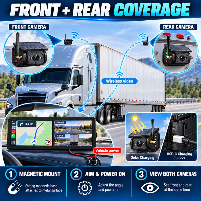15.88" Dual-Screen Wireless CarPlay BSD Camera System with 2 Solar Magnetic Cameras & 64GB Card