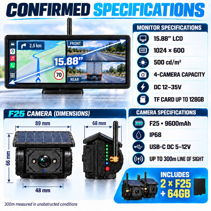 15.88" Dual-Screen Wireless CarPlay BSD Camera System with 2 Solar Magnetic Cameras & 64GB Card