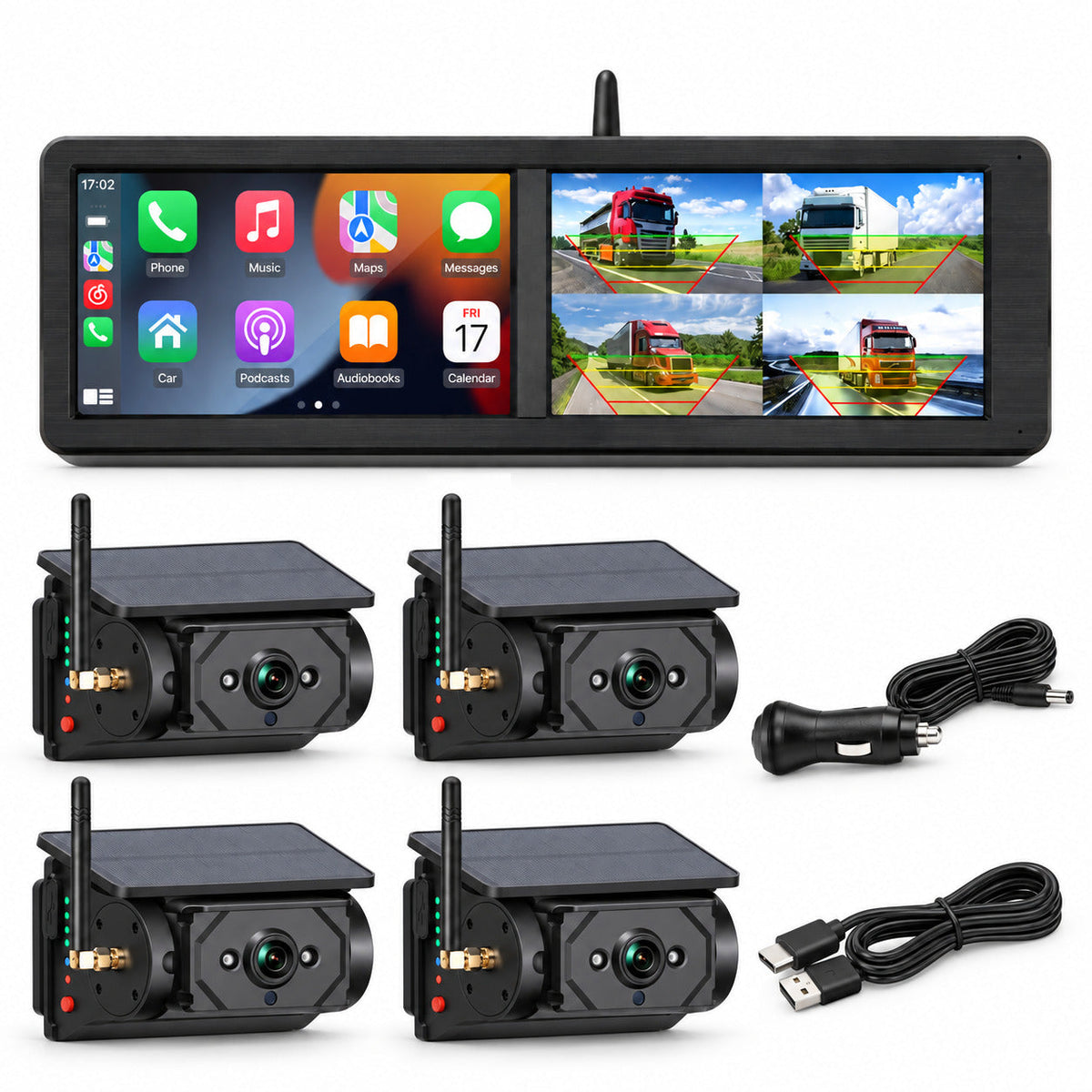 15.88" Dual-Screen Wireless CarPlay BSD Camera System with 4 Solar Magnetic Cameras