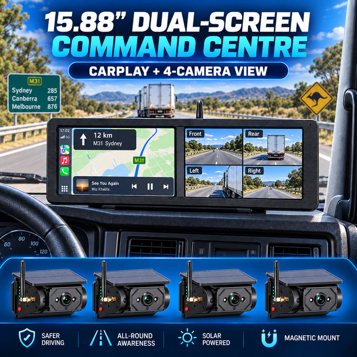 15.88" Dual-Screen Wireless CarPlay BSD Camera System with 4 Solar Magnetic Cameras
