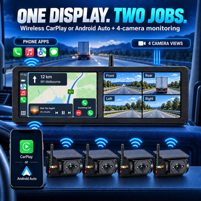 15.88" Dual-Screen Wireless CarPlay BSD Camera System with 4 Solar Magnetic Cameras