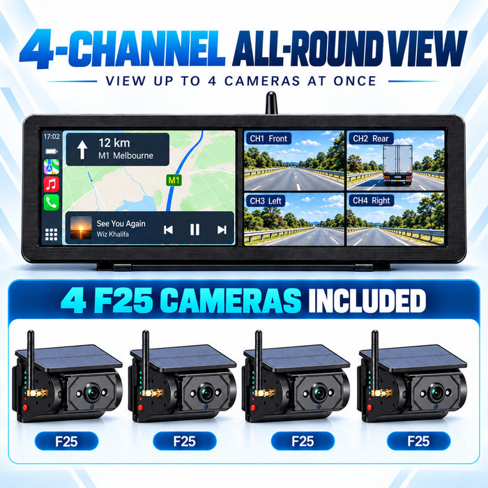 15.88" Dual-Screen Wireless CarPlay BSD Camera System with 4 Solar Magnetic Cameras