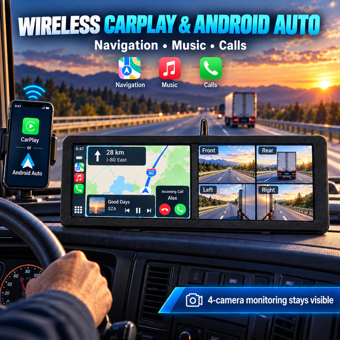 15.88" Dual-Screen Wireless CarPlay BSD Camera System with 4 Solar Magnetic Cameras