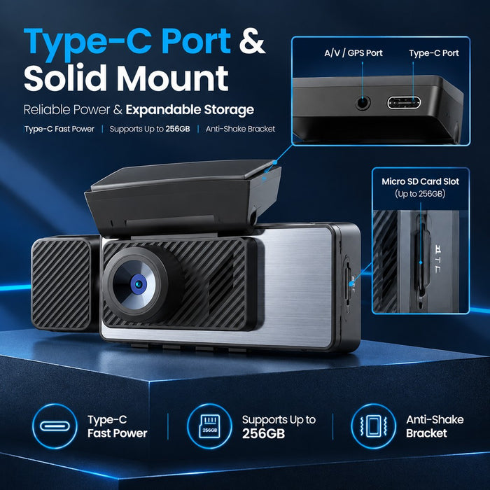 4K 3-Channel WiFi GPS Dash Cam – Front, Cabin & Rear Recording