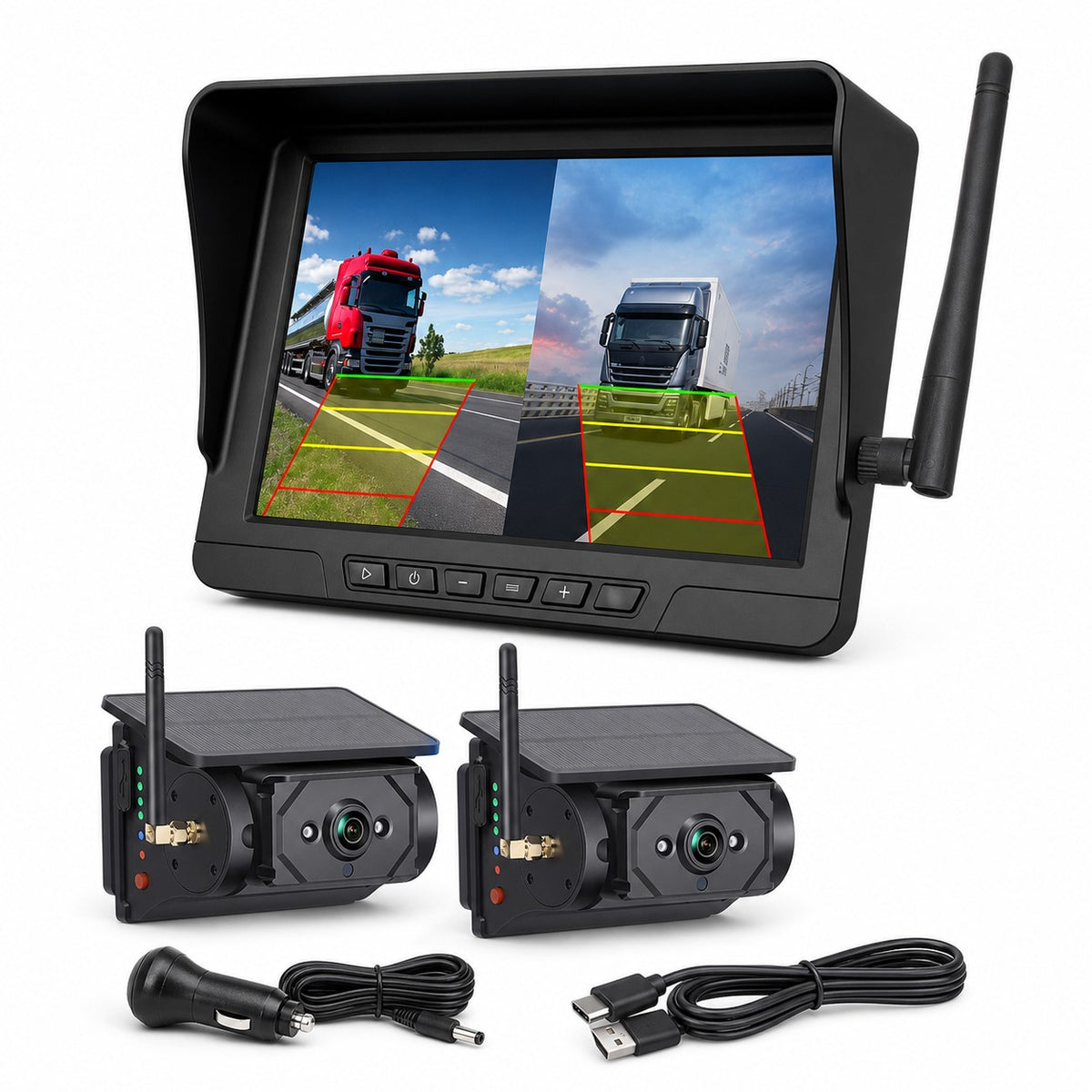 7" Wireless Solar Backup Camera System with 2 Magnetic Cameras for RV Trucks