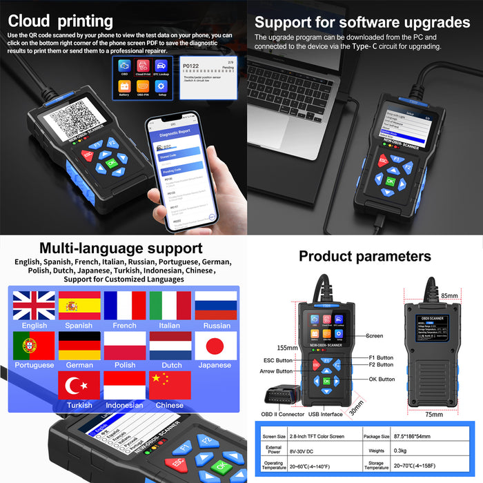 T300 OBD2 Scanner Car Diagnostic Tool - Engine Codes, Live Data, Battery Test, OBDII Code Reader
