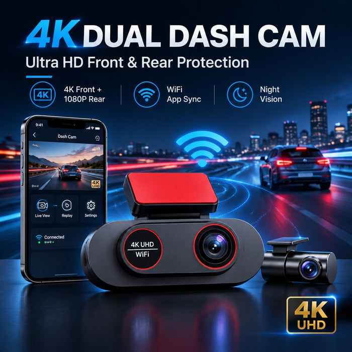 4K WiFi Dual Dash Cam with 1080P Rear Window Camera Reversing View