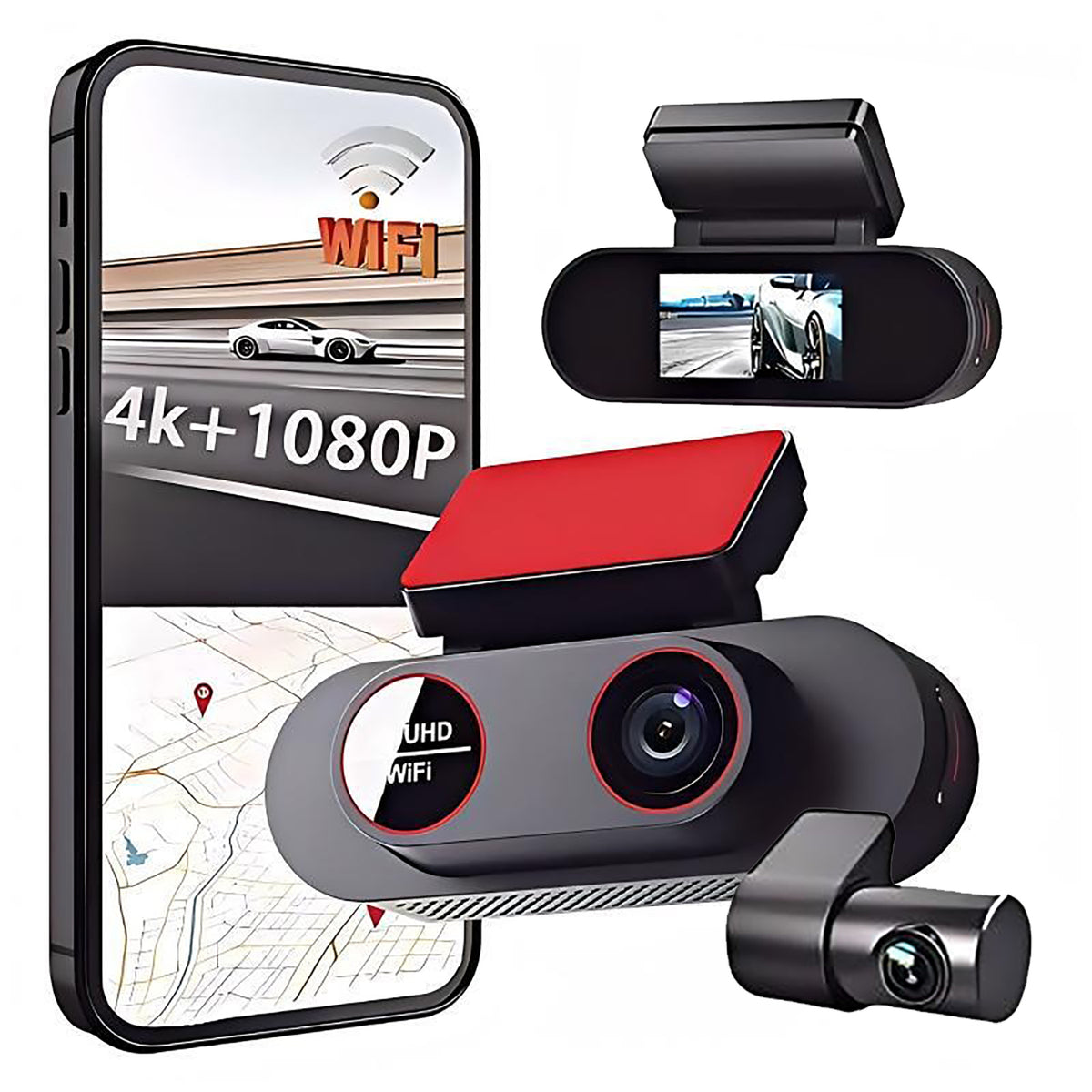 4K WiFi Dual Dash Cam with 1080P Rear Window Camera Reversing View
